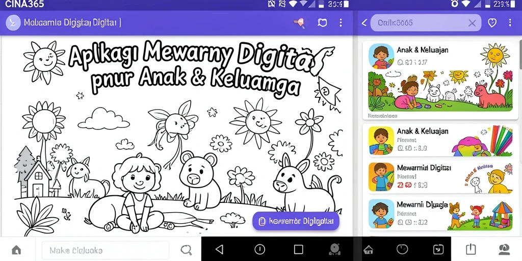 Tampilan antarmuka aplikasi CINA365 yang ramah anak saat mewarnai.