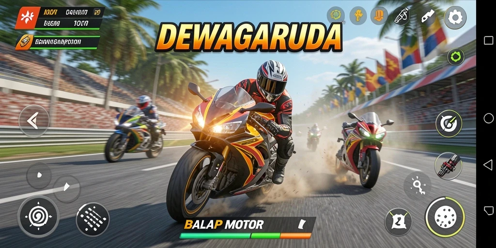 Antarmuka balap motor DEWAGARUDA yang penuh warna dan menarik.