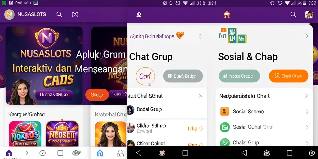 Tampilkan antarmuka NUSASLOTS yang menarik dan fungsional untuk Chat Grup.